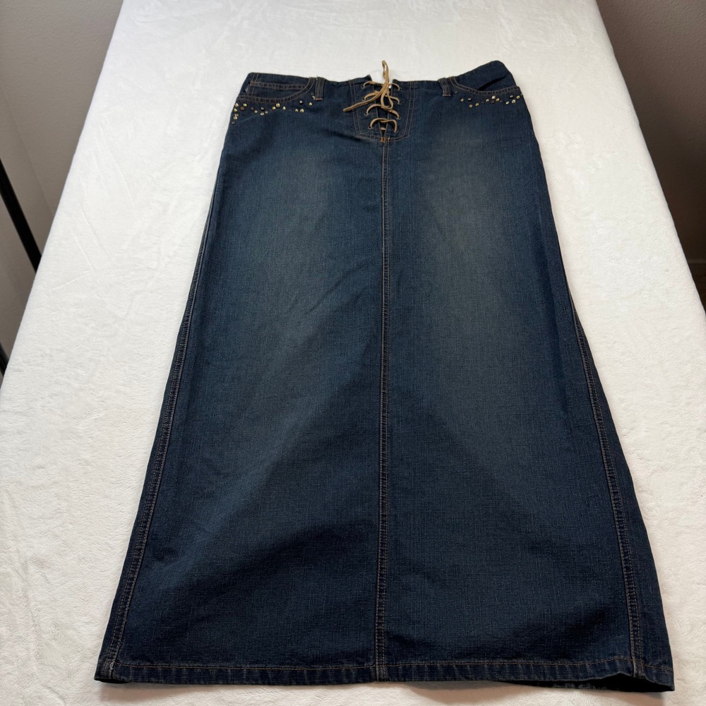Squeeze Denim Maxi Skirt Womens 13/14 Blue Good Lace Up Studded Western Y2K Boho